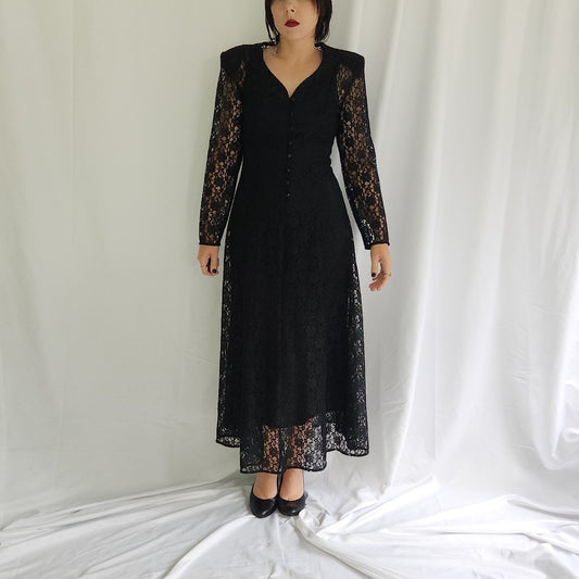 90s Black Lace Long Sleeve Corset Back Dress
