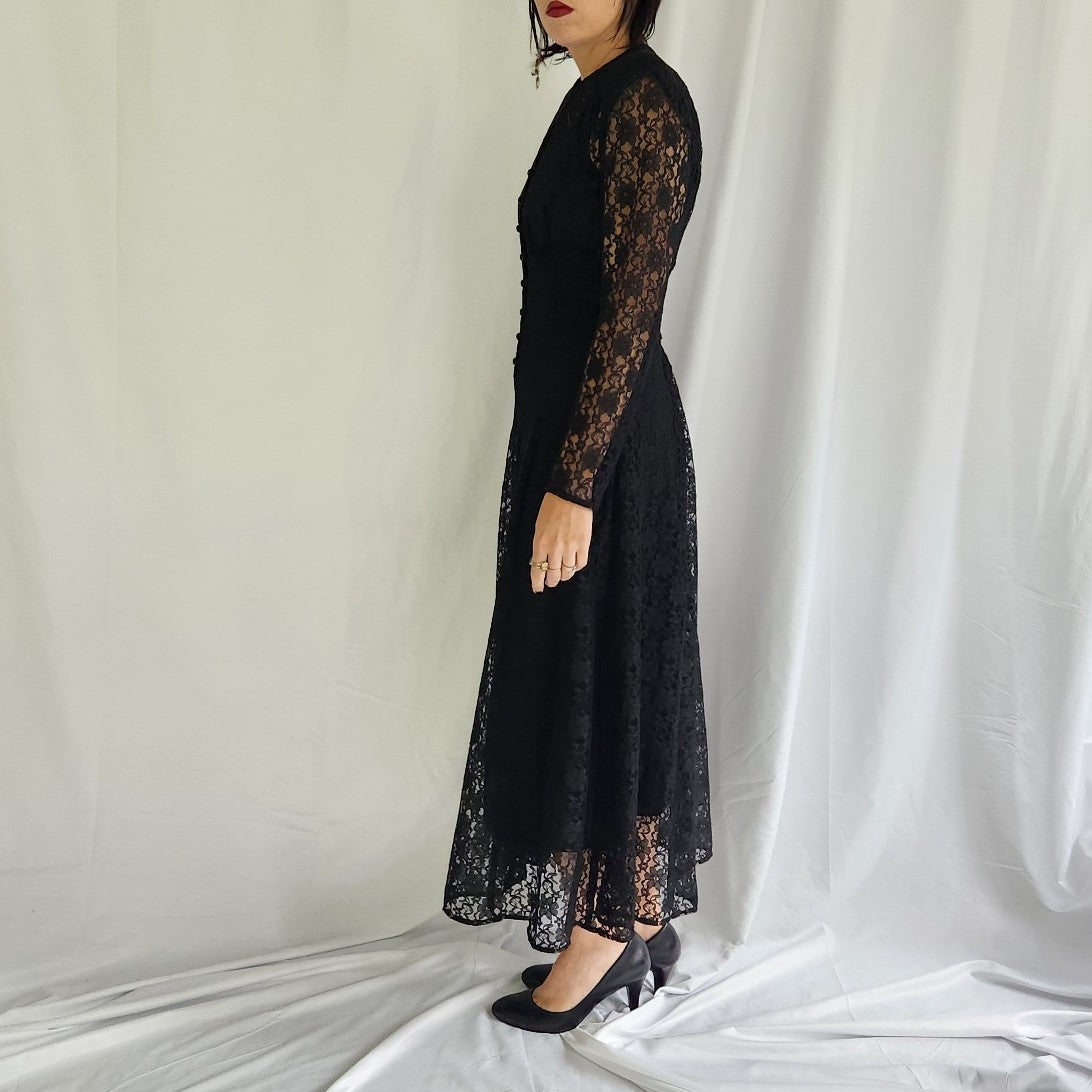 90s Black Lace Long Sleeve Corset Back Dress