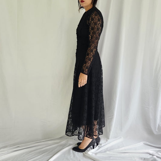 90s Black Lace Long Sleeve Corset Back Dress