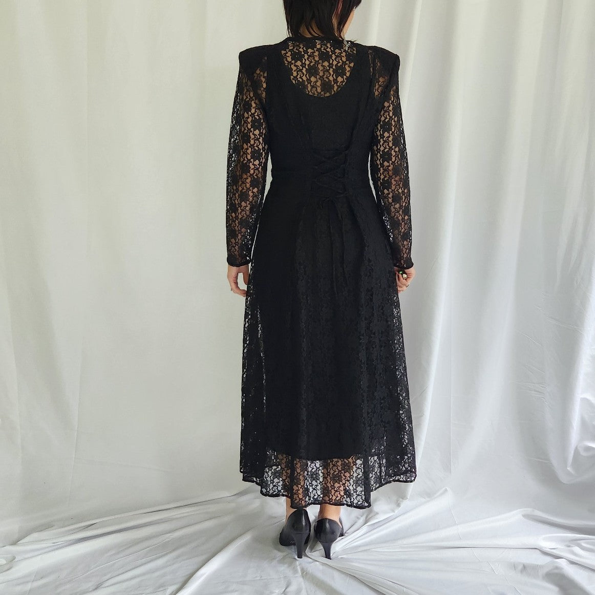 90s Black Lace Long Sleeve Corset Back Dress