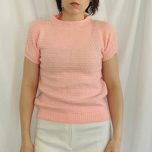 80s(?) Pink Hand Knit Short Sleeve Sweater