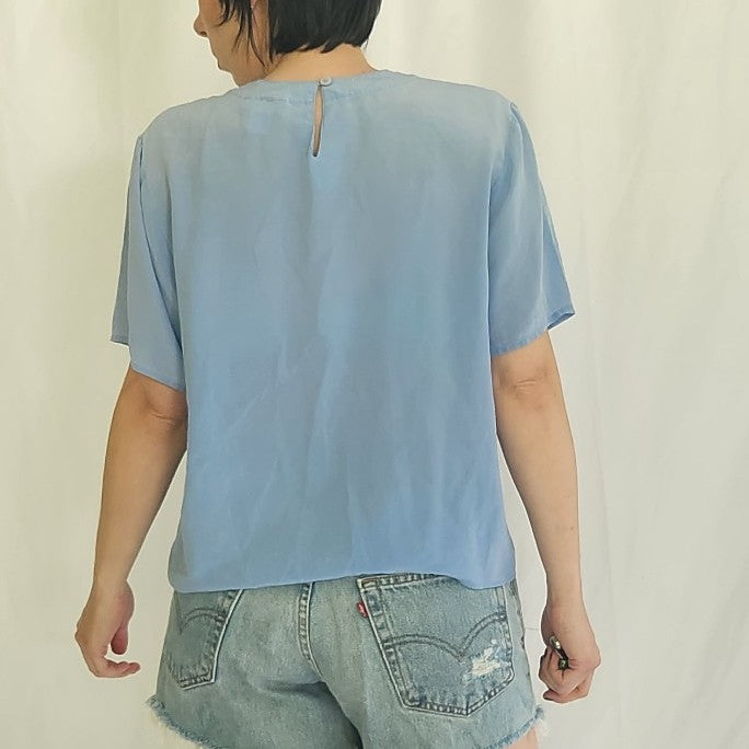 90s Blue Silk Short Sleeve Blouse