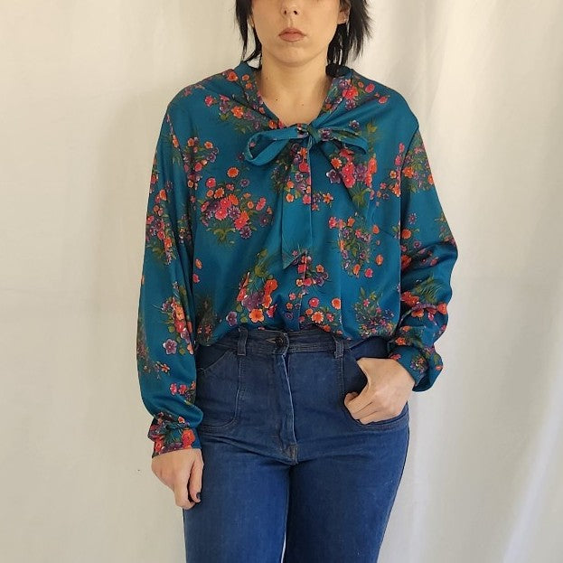 70s Teal, Pink, and Purple Floral Blouse