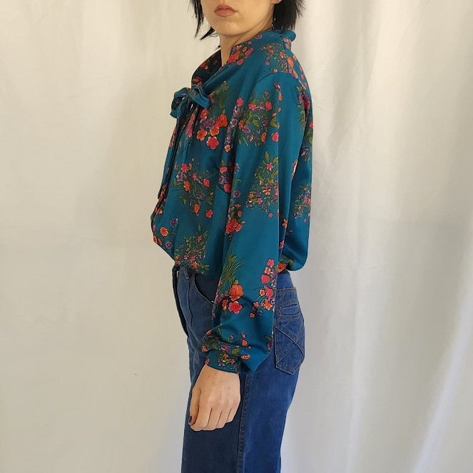 70s Teal, Pink, and Purple Floral Blouse