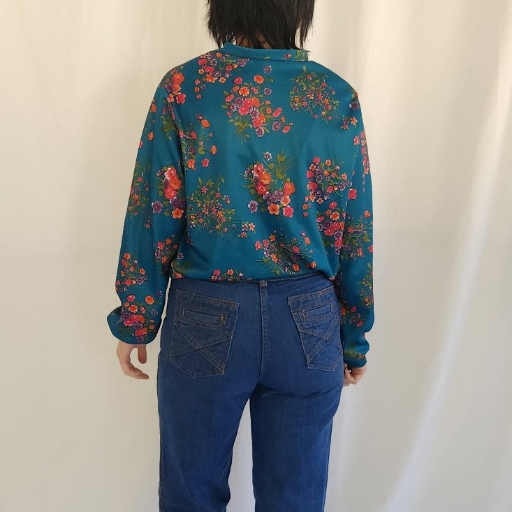 70s Teal, Pink, and Purple Floral Blouse