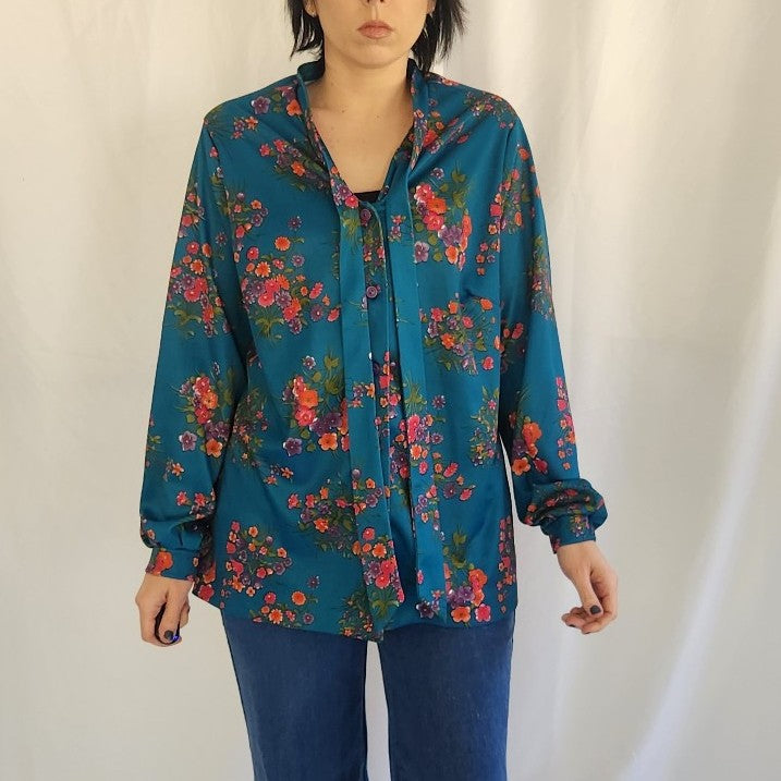 70s Teal, Pink, and Purple Floral Blouse
