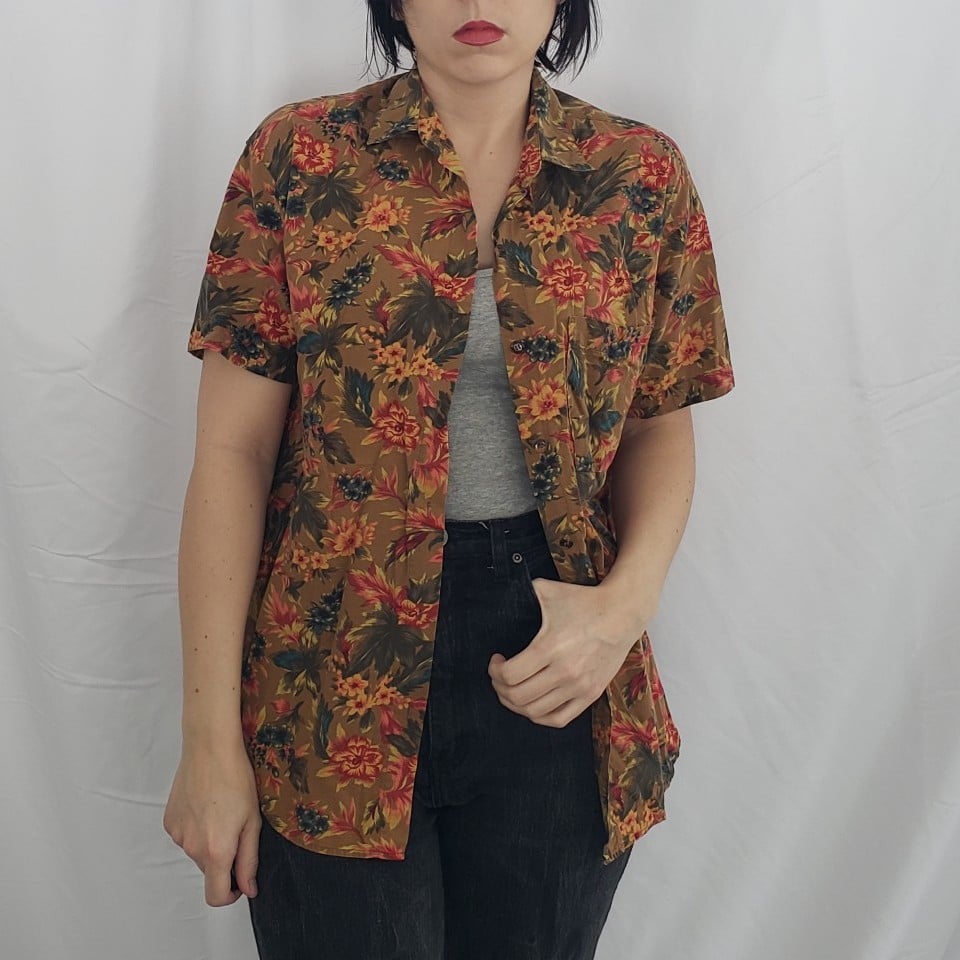 80s Brown, Red, and Green Floral Button Down
