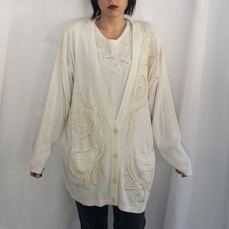 90s Deadstock IB Diffusion White Beaded Sweater Set