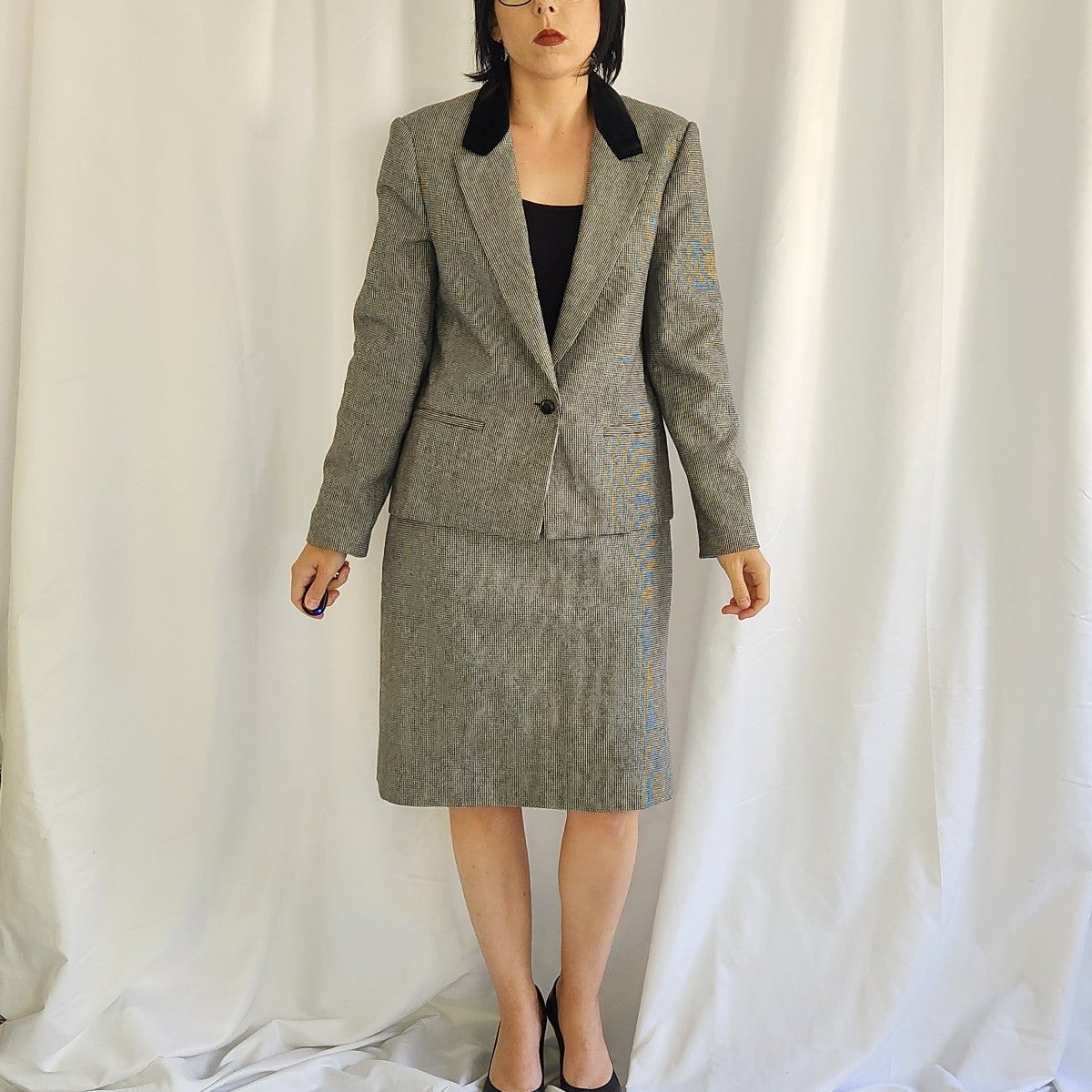 90s Black and White Houndstooth Skirt Suit