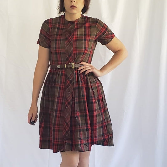 60s Hand Made Brown, Red, and Green Plaid Day Dress