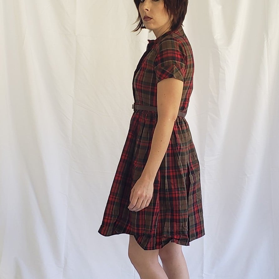 60s Hand Made Brown, Red, and Green Plaid Day Dress