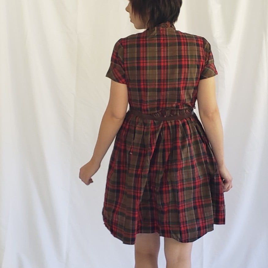 60s Hand Made Brown, Red, and Green Plaid Day Dress