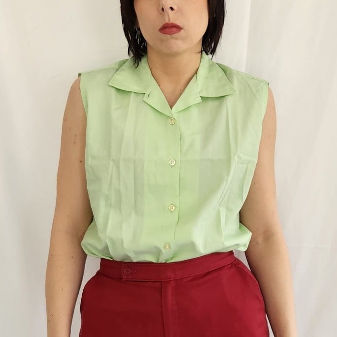60s Green Sleeveless Button Down Shirt
