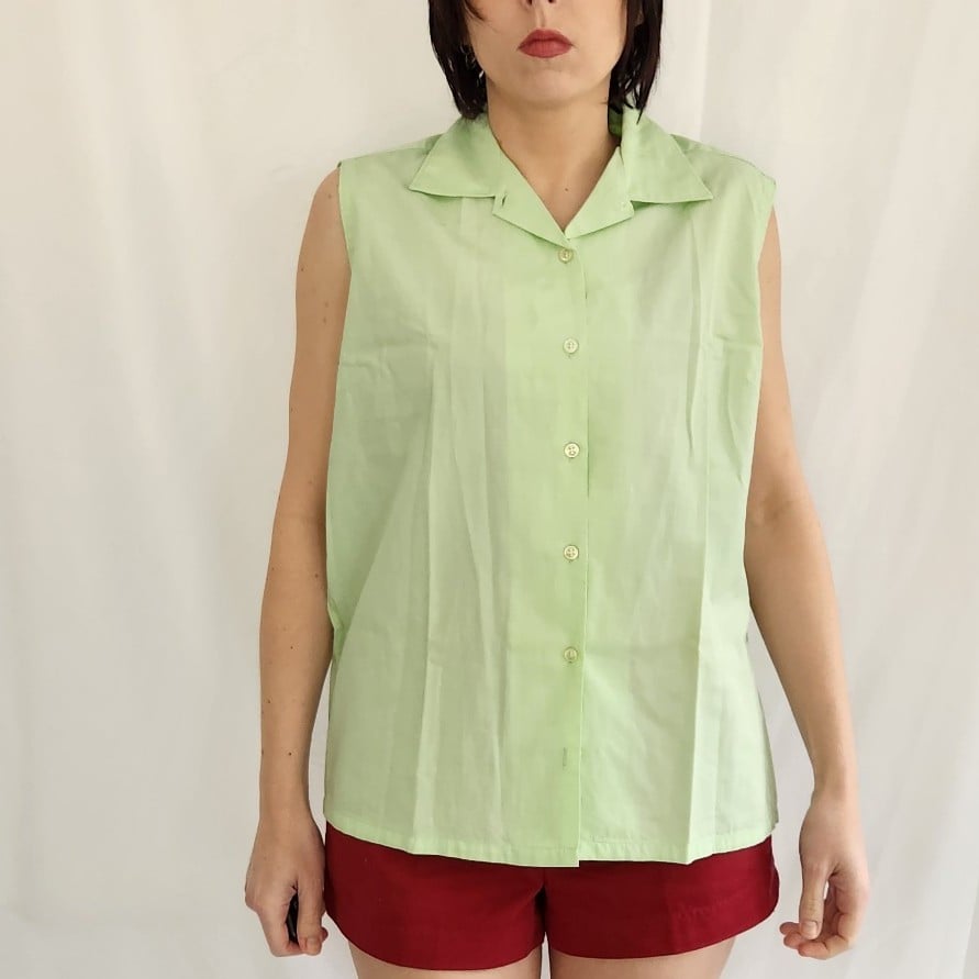 60s Green Sleeveless Button Down Shirt