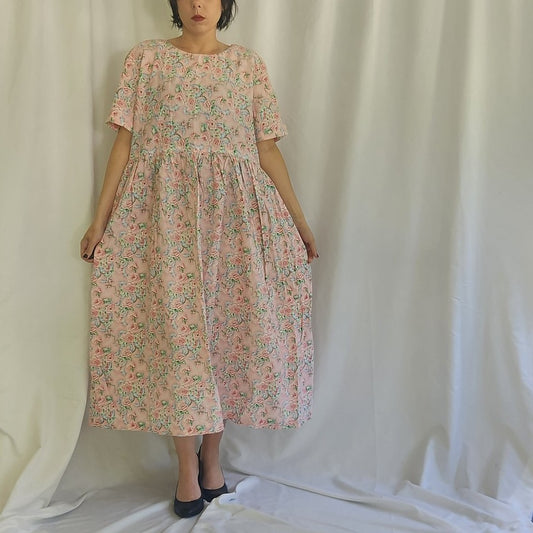 90s Pink Rose Print Home Made Dress