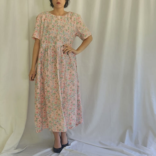 90s Pink Rose Print Home Made Dress