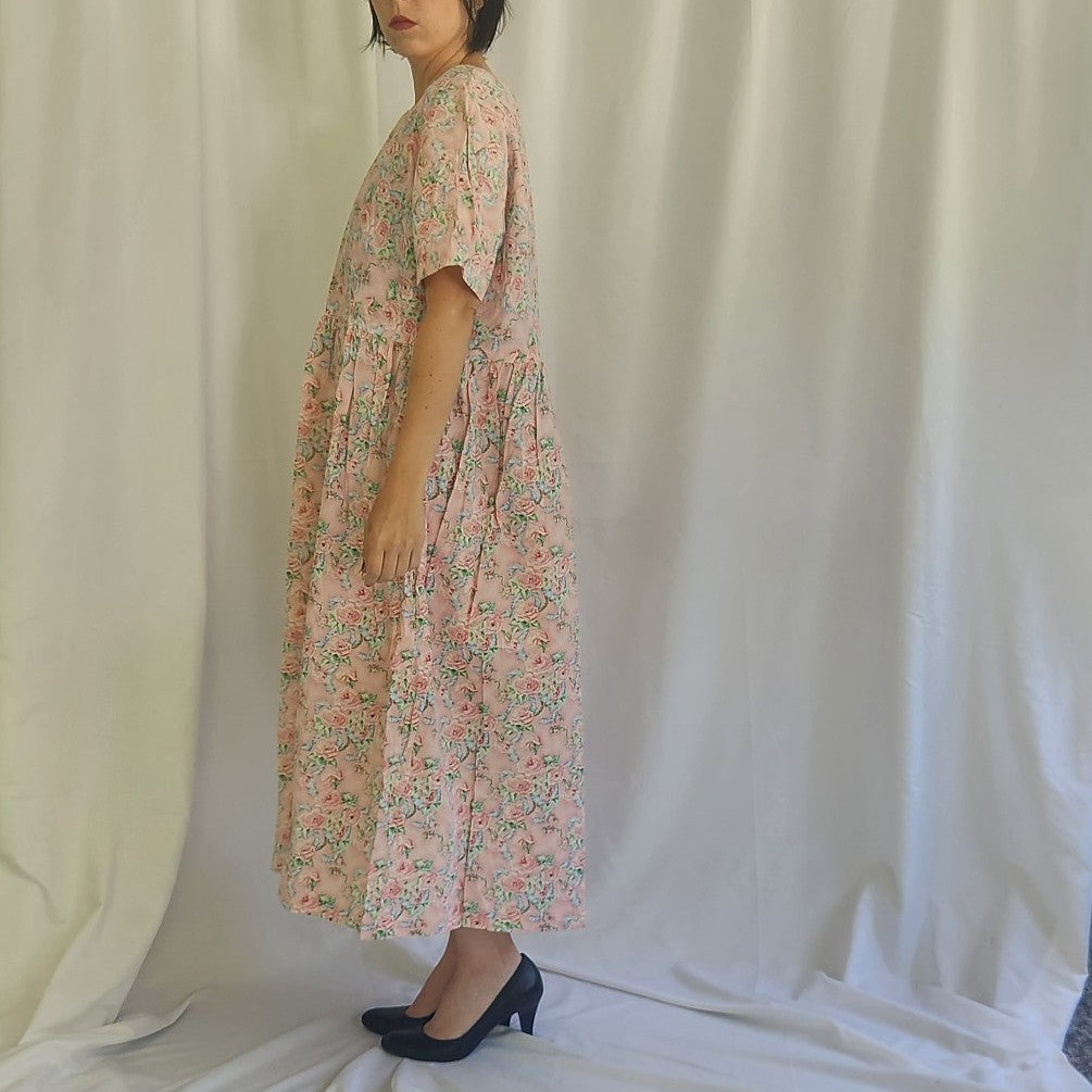 90s Pink Rose Print Home Made Dress