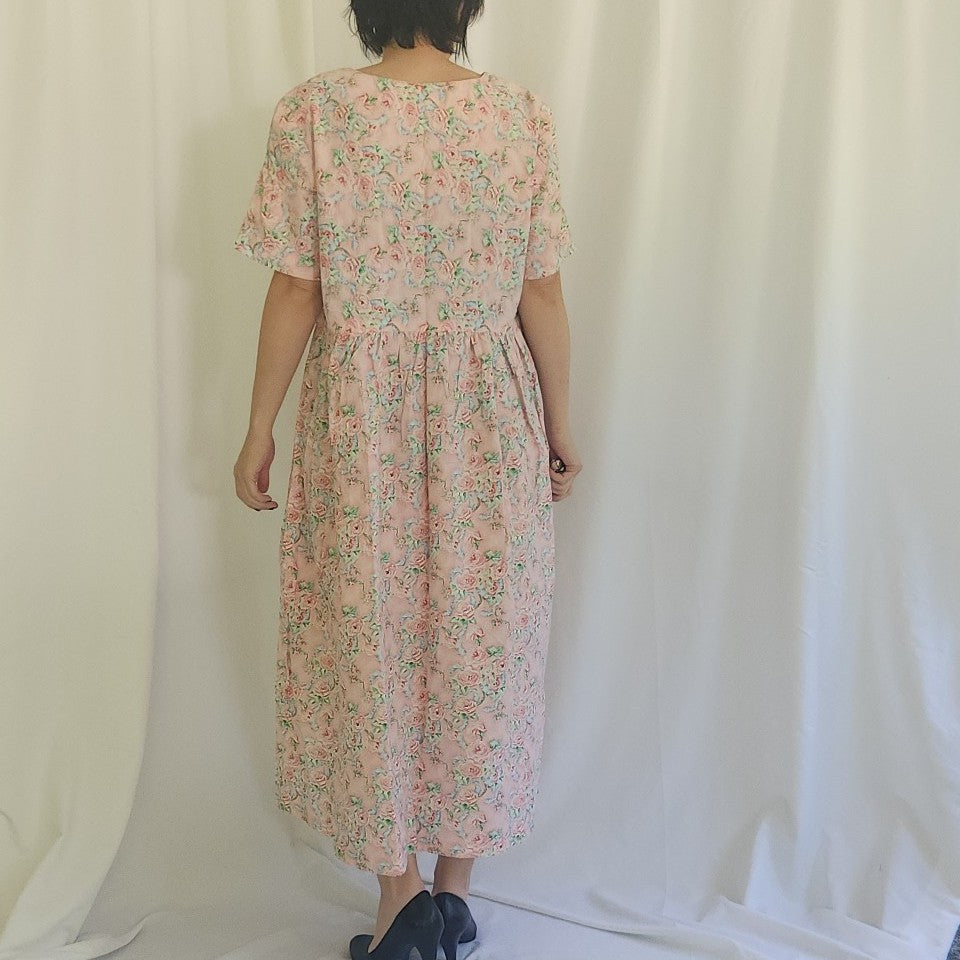 90s Pink Rose Print Home Made Dress