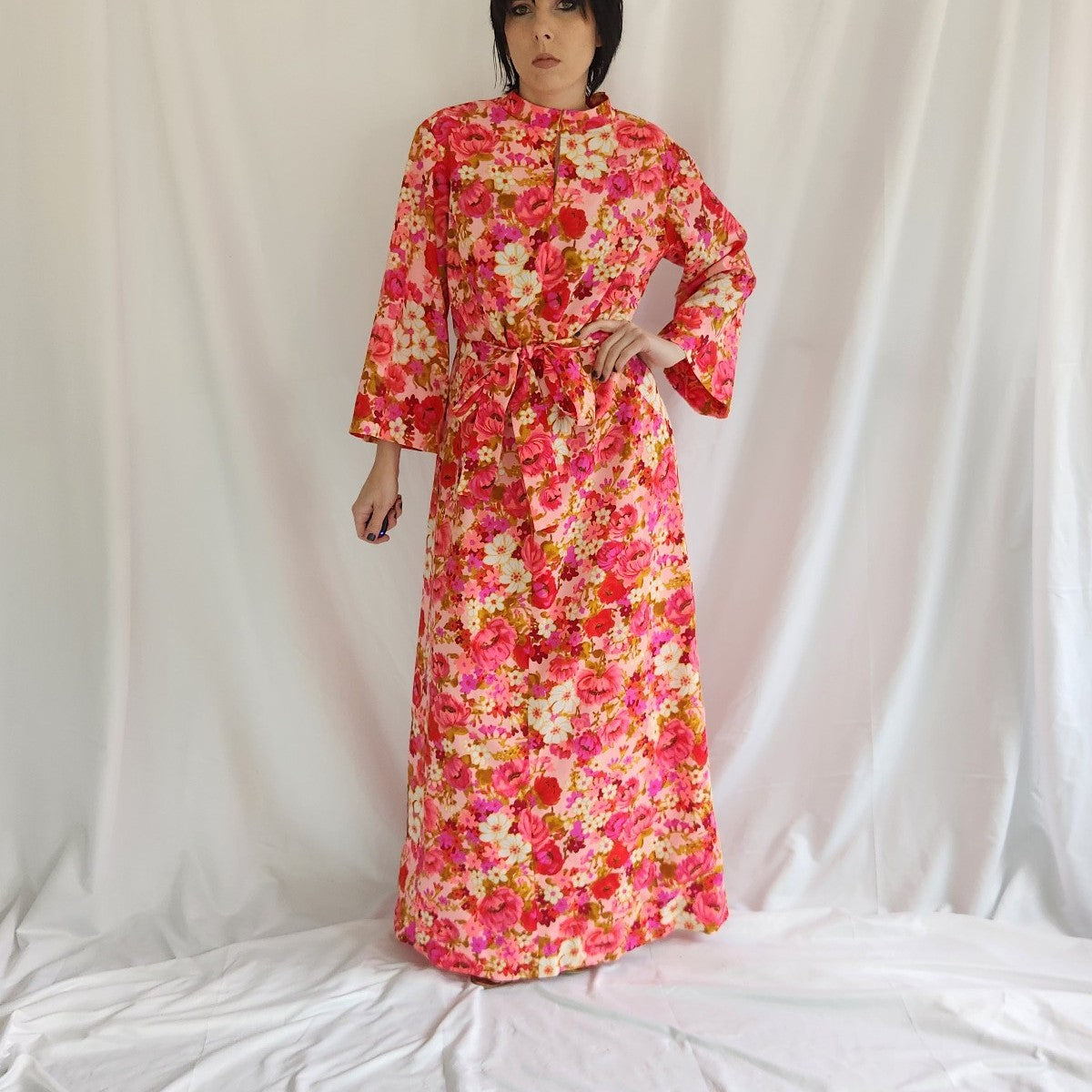 60s/70s Pink Flower Power Maxi Dress