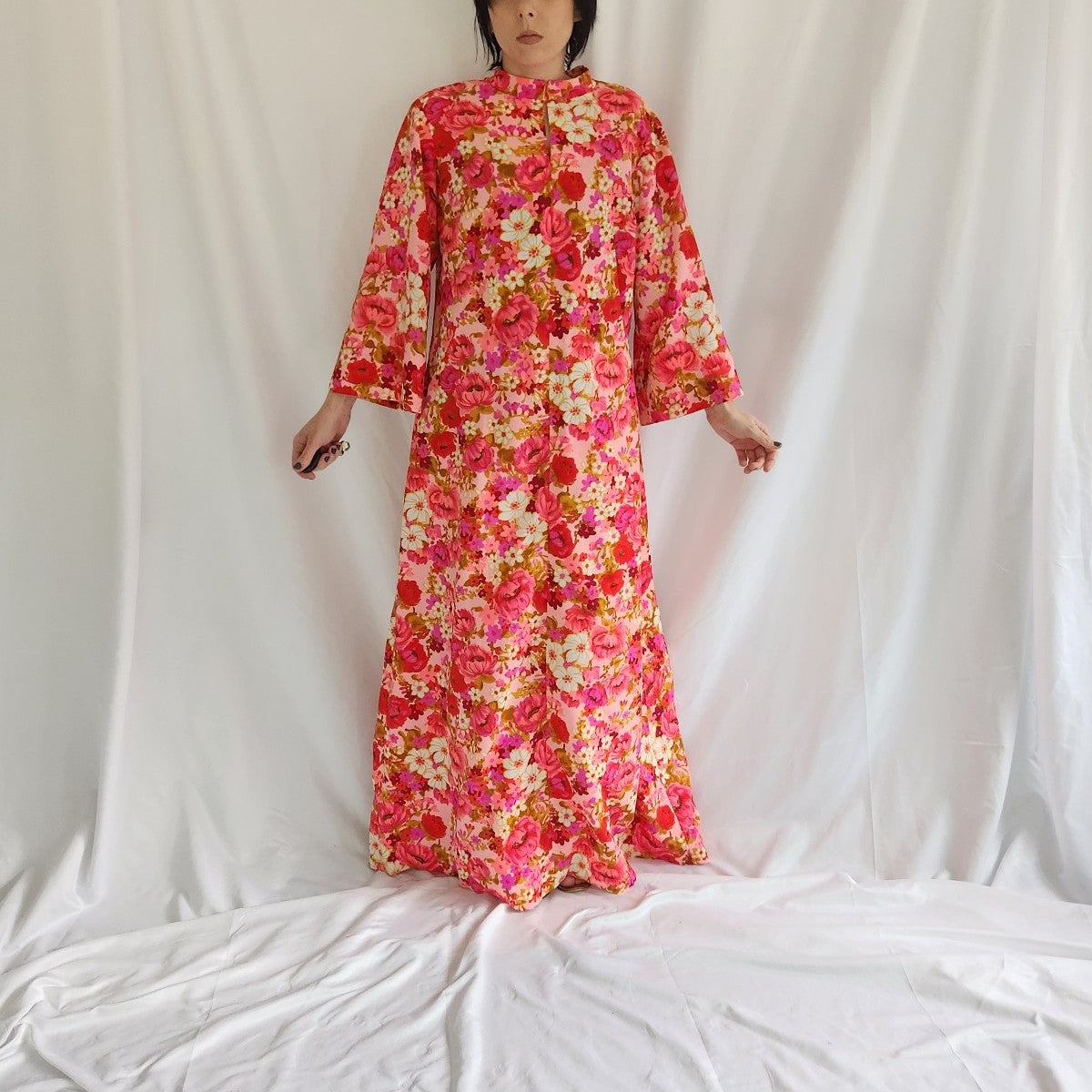 60s/70s Pink Flower Power Maxi Dress