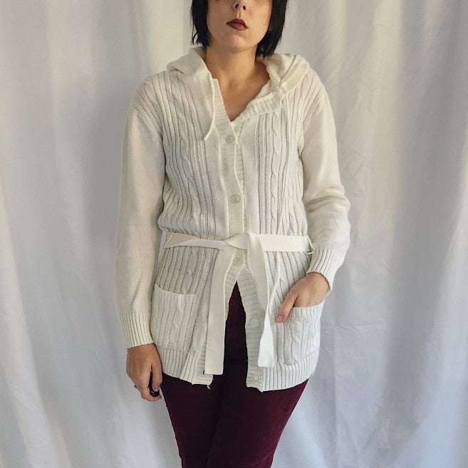 70s White Hooded Cardigan