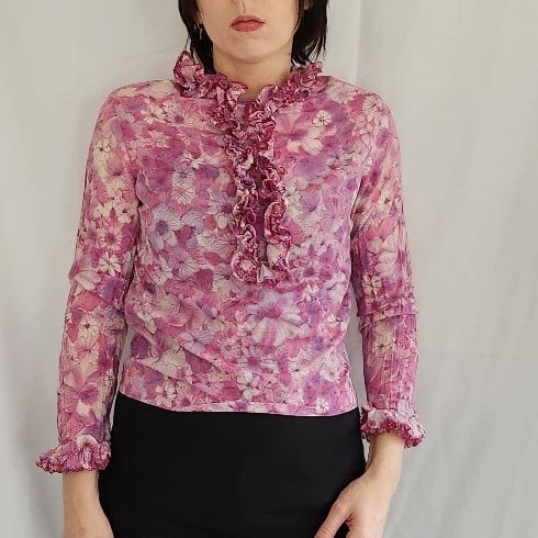 70s Purple Floral Frilly Blouse