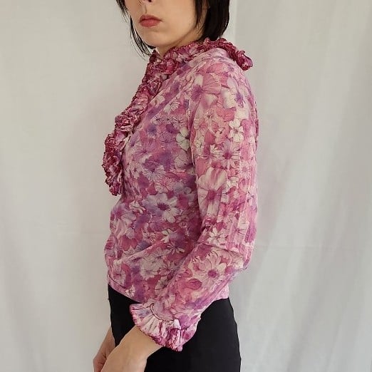 70s Purple Floral Frilly Blouse