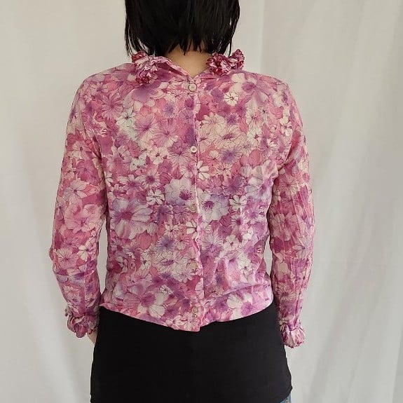 70s Purple Floral Frilly Blouse