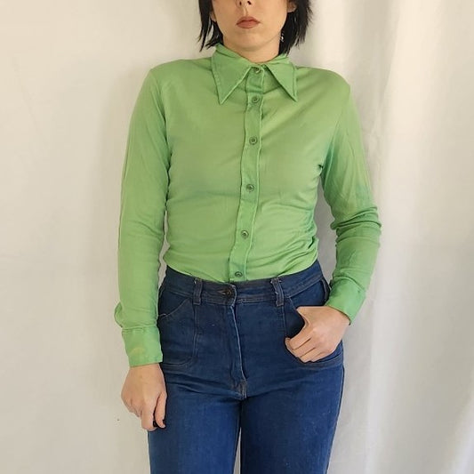 70s Green Nylon Button Down Shirt
