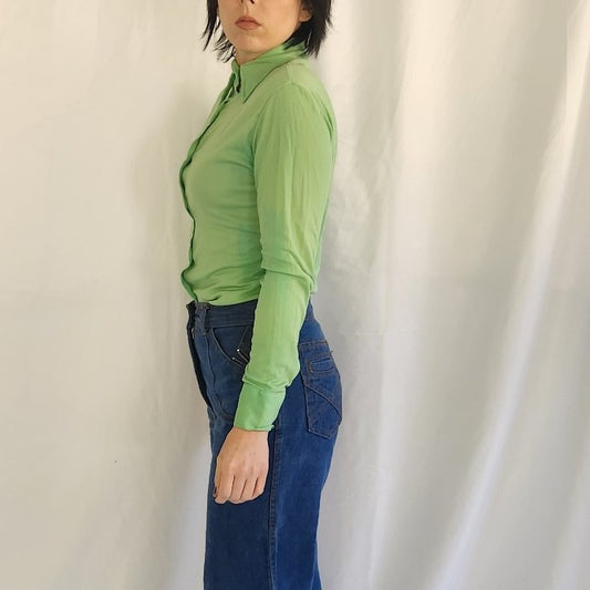 70s Green Nylon Button Down Shirt