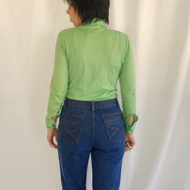 70s Green Nylon Button Down Shirt