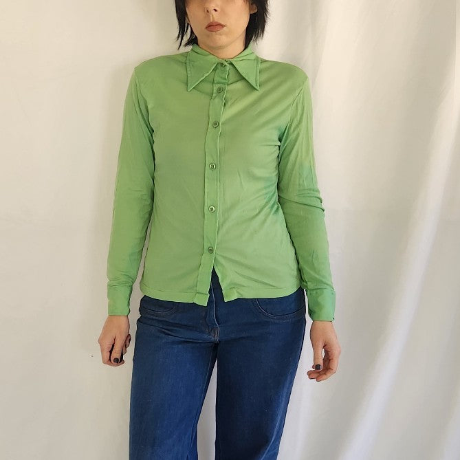 70s Green Nylon Button Down Shirt