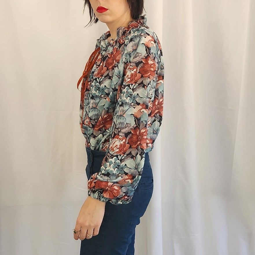 70s Green Home Made Floral Top
