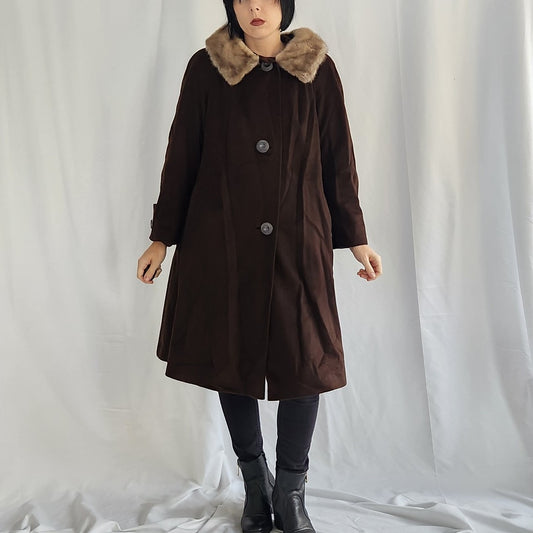 50s/60s Brown Wool Swing Coat with Mink Collar