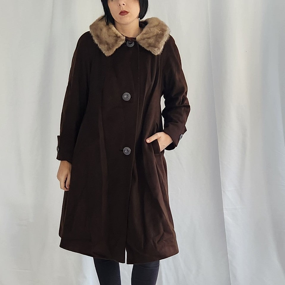 50s/60s Brown Wool Swing Coat with Mink Collar