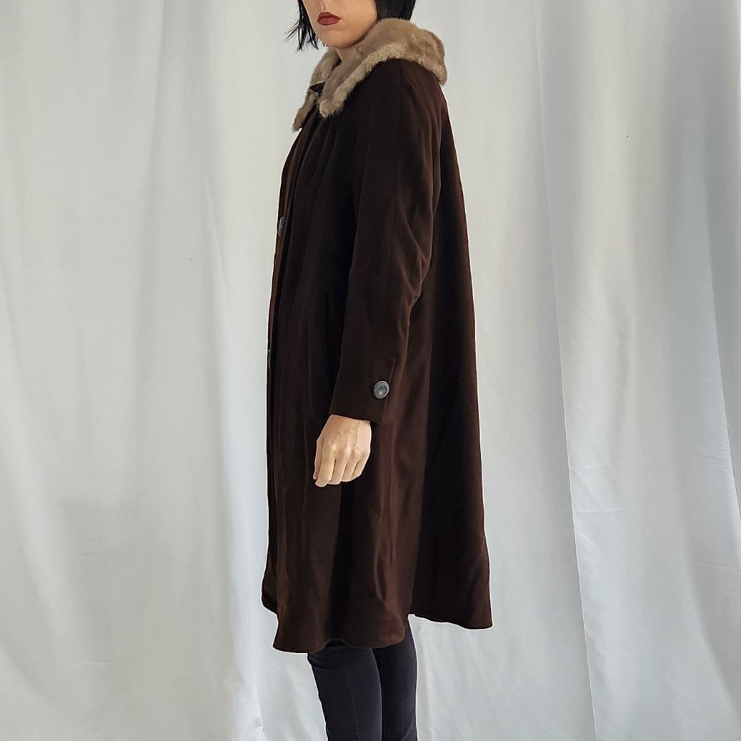 50s/60s Brown Wool Swing Coat with Mink Collar