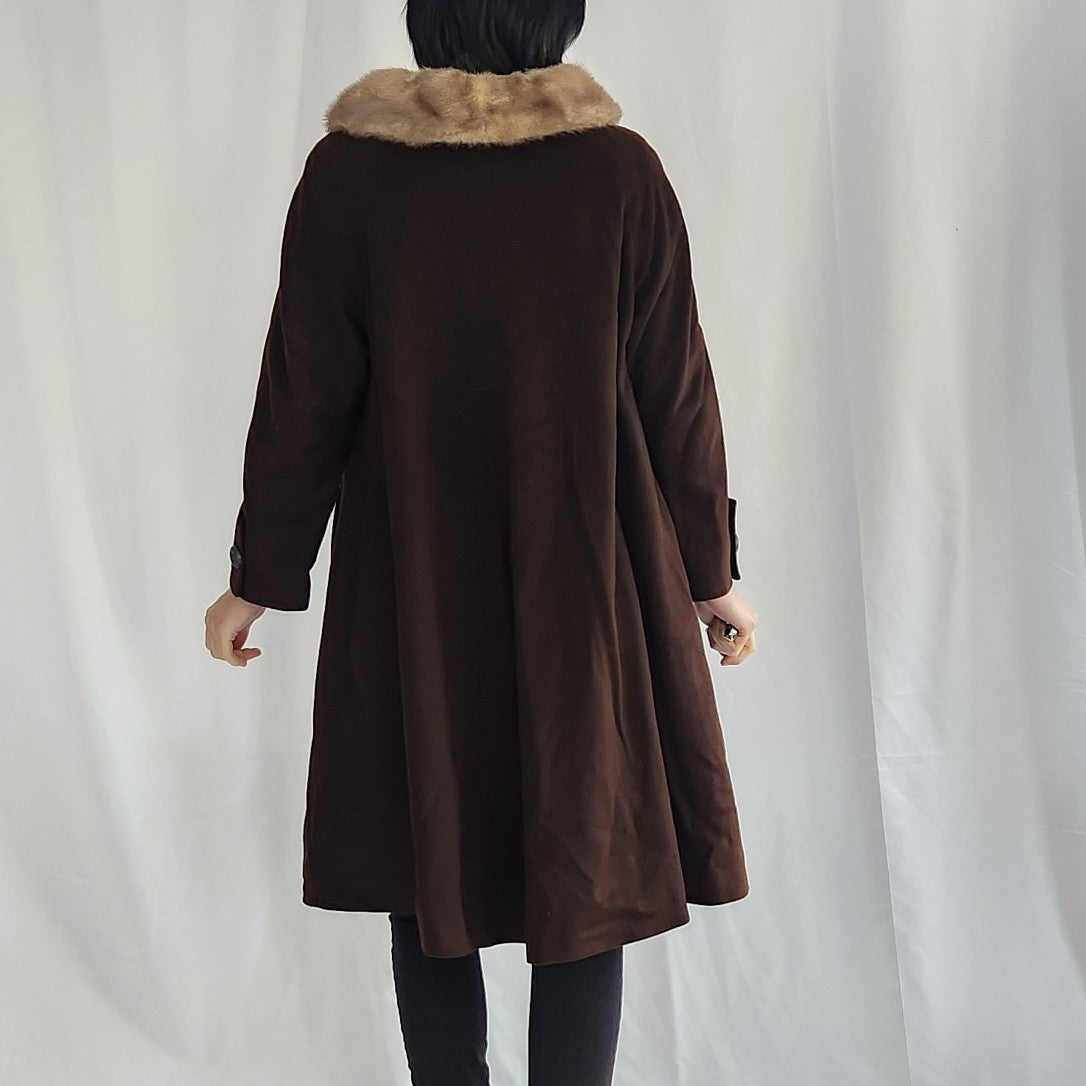 50s/60s Brown Wool Swing Coat with Mink Collar