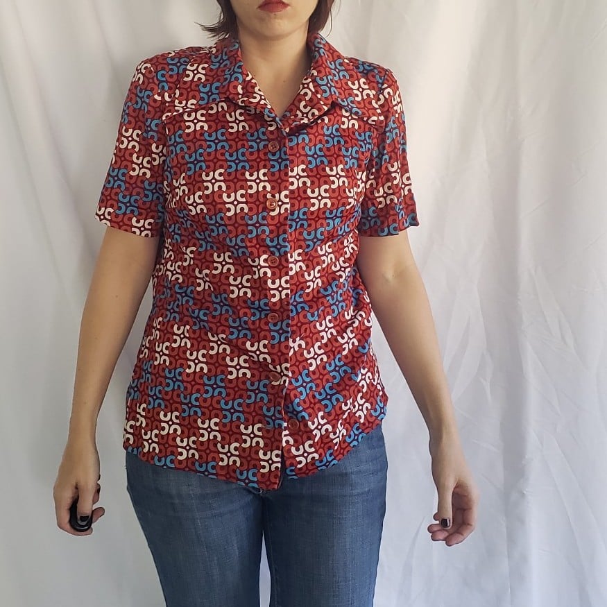 70s Orange and Blue Polyester Dagger Collar Button Down