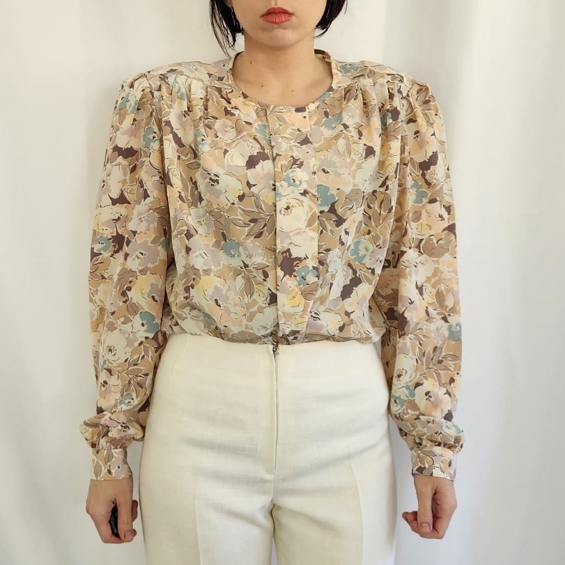 80s Tan and Pink Floral Blouse