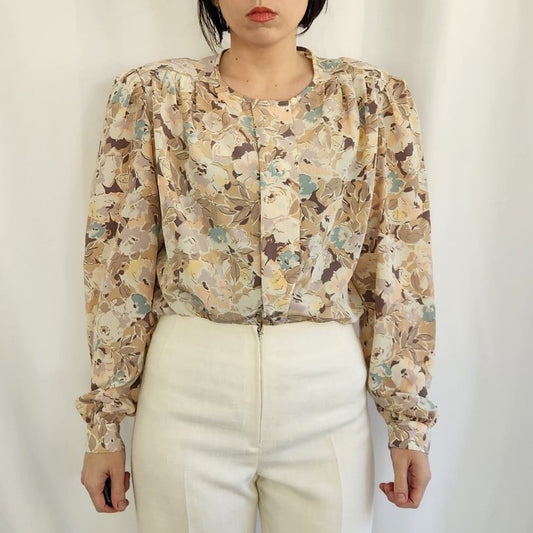 80s Tan and Pink Floral Blouse