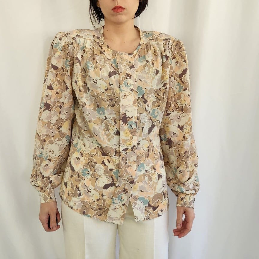 80s Tan and Pink Floral Blouse