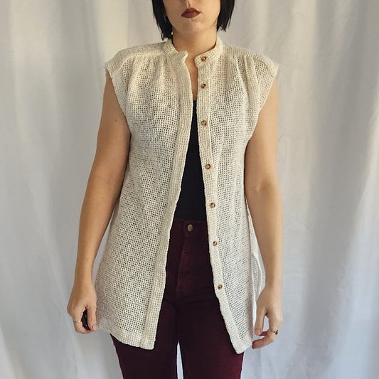 70s Cream Loose Knit Sleeveless Cardigan