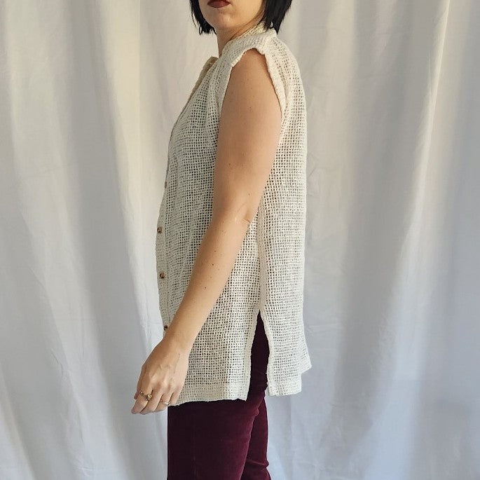 70s Cream Loose Knit Sleeveless Cardigan