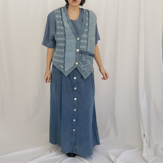 90s Denim and Rayon Skirt and Vest Set