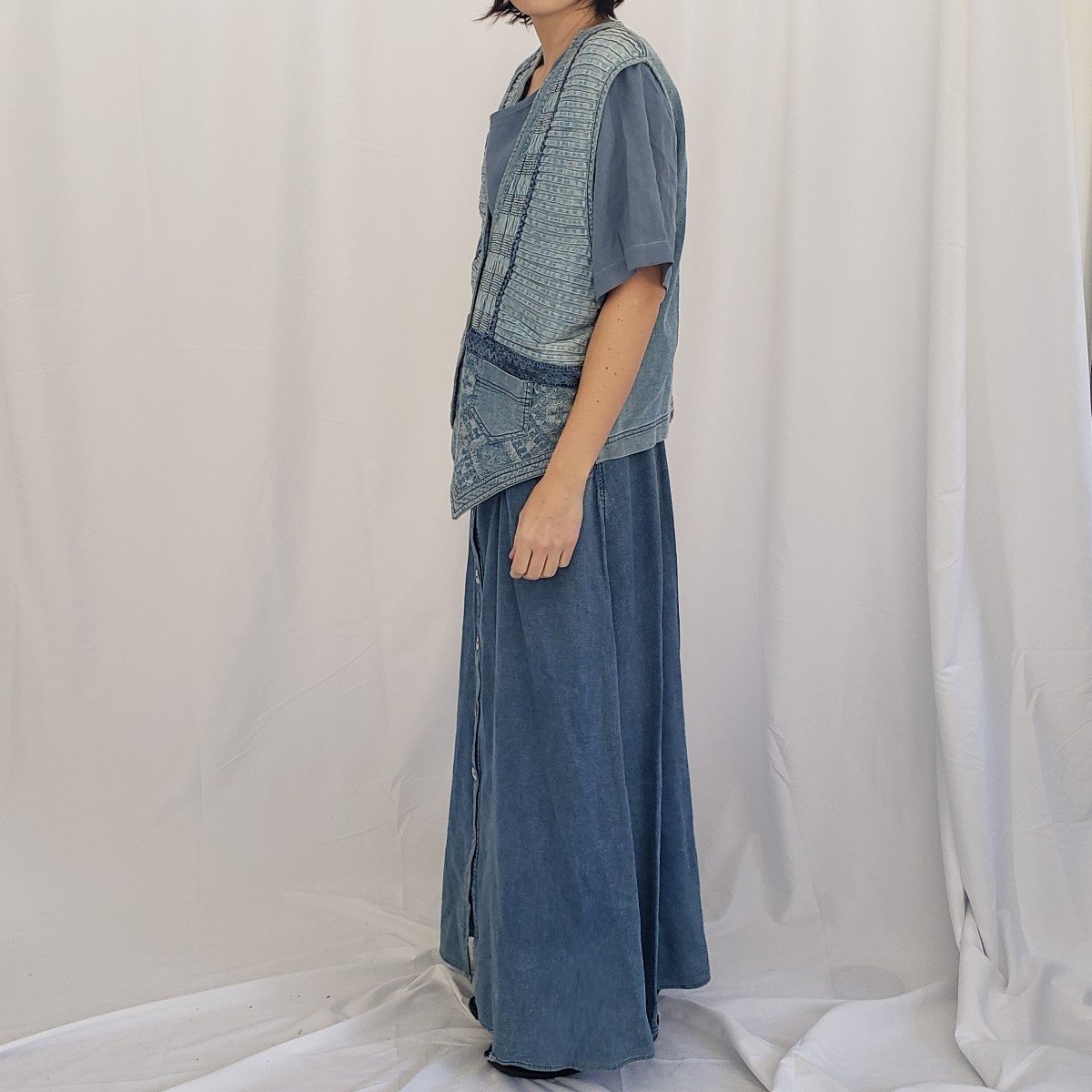 90s Denim and Rayon Skirt and Vest Set