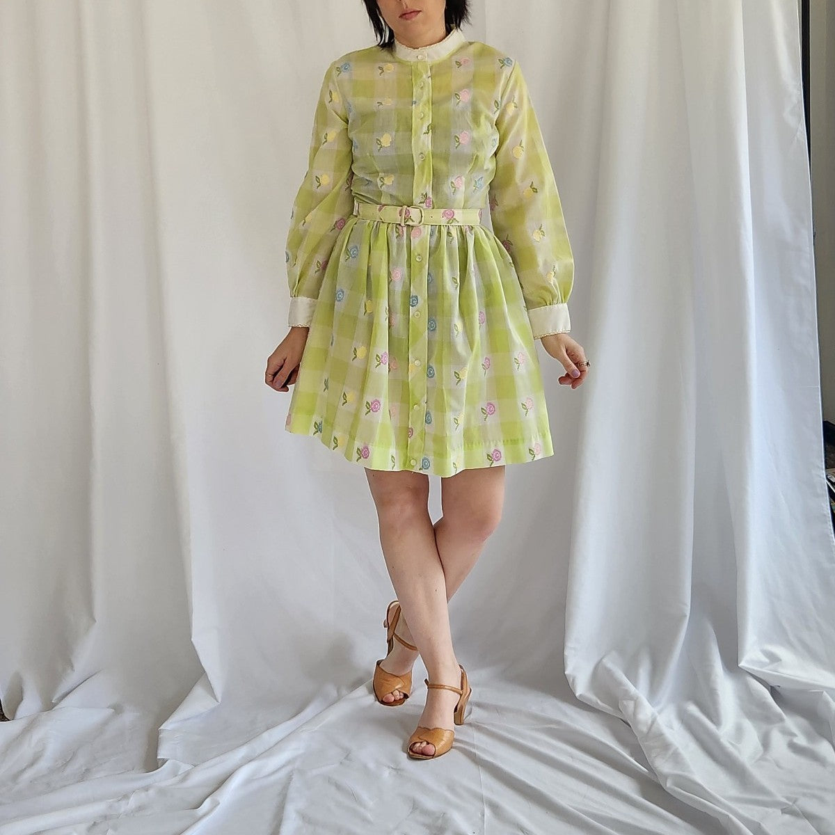 70s Green and White Plaid Long Sleeve Dress