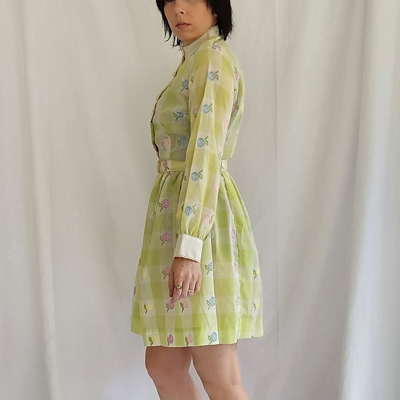 70s Green and White Plaid Long Sleeve Dress