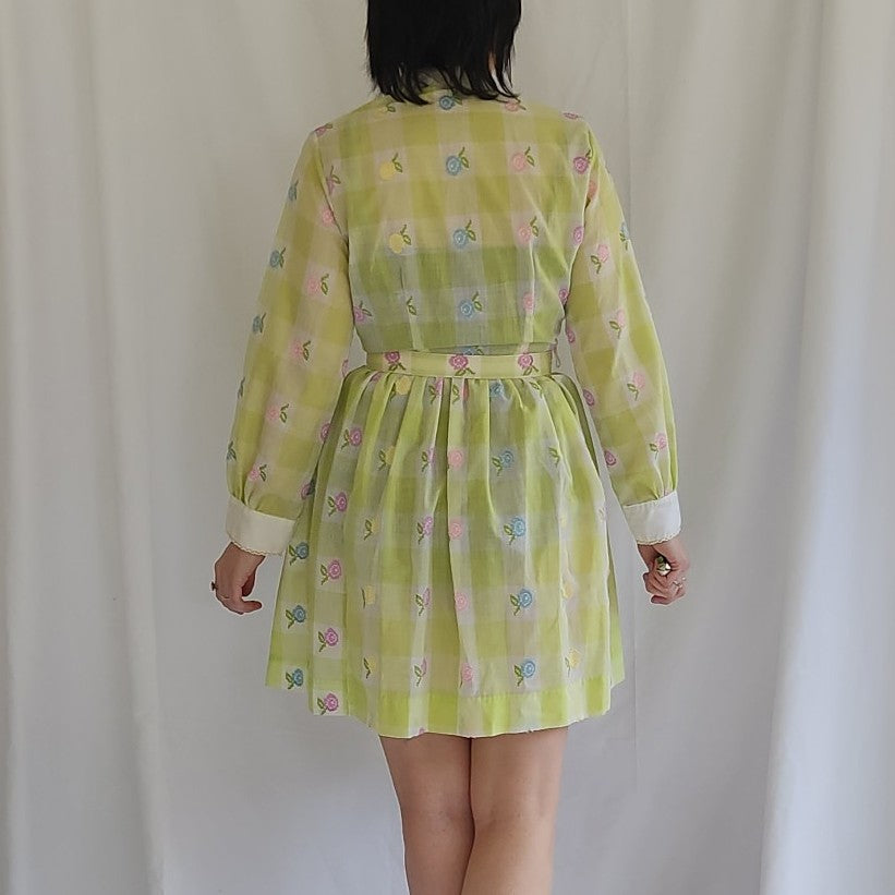 70s Green and White Plaid Long Sleeve Dress