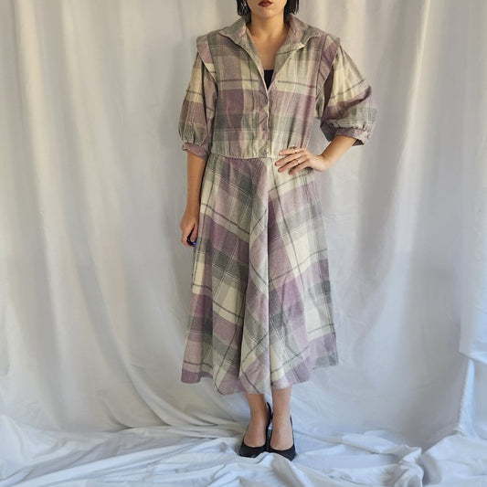 70s/80s Purple and Gray Plaid Midi Dress