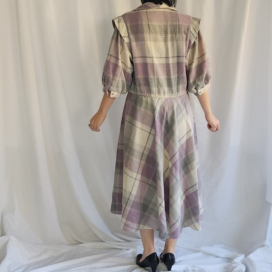 70s/80s Purple and Gray Plaid Midi Dress